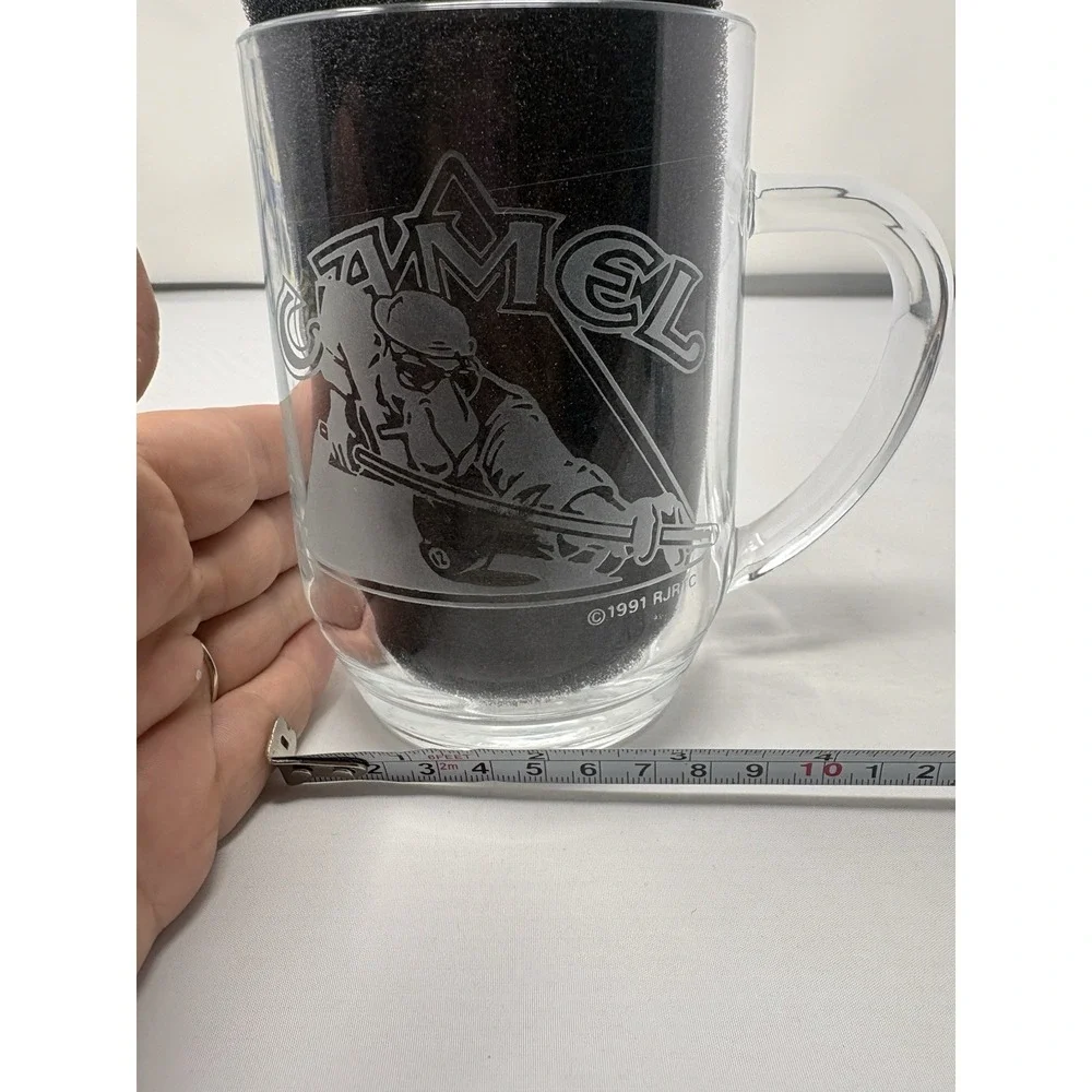 1991 Joe Camel Cigerettes Luminarc Clear Glass 16 oz Mug Etched Billiards Pool